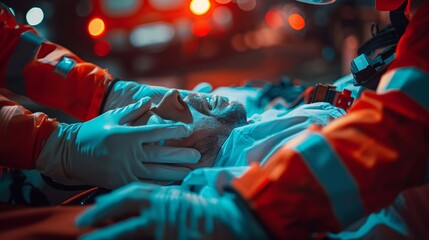 A close-up image of a paramedic hands performing CPR on a patient with the chaotic scene of an accident blurred in the background