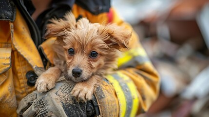 A close-up of a firefighter hands lifting a small dog from the rubble of a collapsed building the background blurred to focus on the moment of rescue