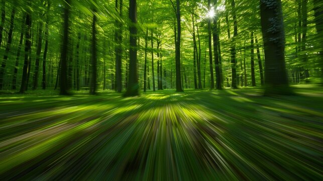 A blurry picture of a forest with trees and grass, AI