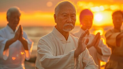 An assortment of senior citizens over the seashore adhering to Tai Chi health alarming for seniors and space, Generative AI. - obrazy, fototapety, plakaty