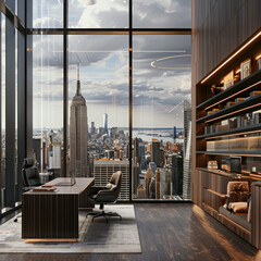 Contemporary office space with New York view. A concept of financial success. Generative AI - obrazy, fototapety, plakaty