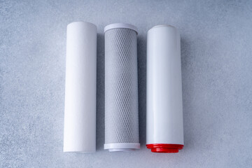 Water filters. Carbon and mechanical filter for home. Purification and filtration of drinking water...