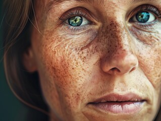 Obraz premium Close Up of a Woman With Freckles on Her Face
