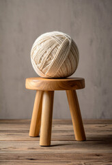 A skein or boll of soft yarn on a wooden stand on a simple background, world wide knit day - obrazy, fototapety, plakaty