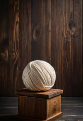 A skein or boll of soft yarn on a wooden stand on a simple background, world wide knit day - obrazy, fototapety, plakaty
