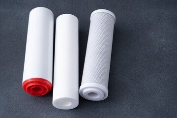 Water filters. Carbon and mechanical filter for home. Purification and filtration of drinking water...