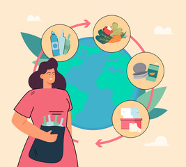 Global recycling loop vector illusttration. Woman sorting garbage. Globe with plastic, paper, organic waste on background. Sutainability, ecology, environment concept