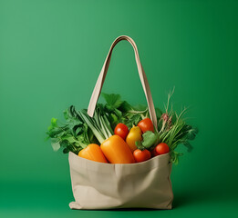 Different fresh vegetables in a grocery bag on green background,