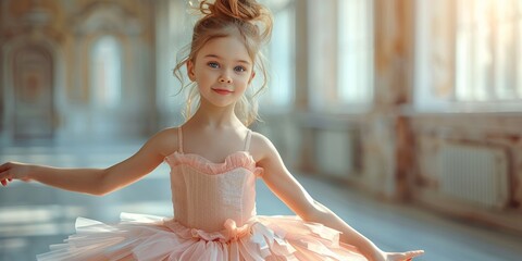 A lovely toddler girl in a ballet dress poses gracefully, embodying the elegance of a future ballerina.