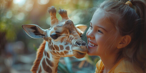 A charming portrait captures a baby giraffe sharing a laugh with a pretty girl at a wildlife safari park. - obrazy, fototapety, plakaty