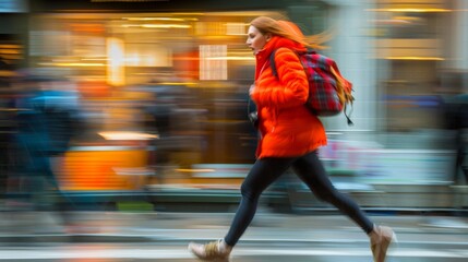 A woman in orange jacket running down the street with a backpack, AI - 772235601