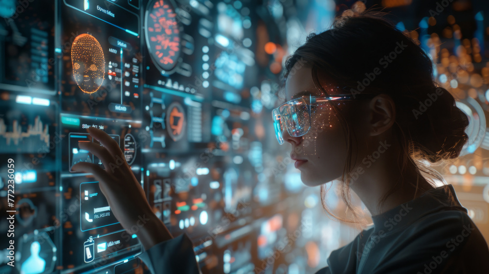Aufkleber a woman interacts with a futuristic holographic interface displaying various data charts and graphs,