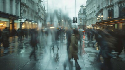 A blurry picture of a busy city street with people walking, AI - 772236470