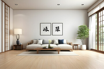 Fototapeta na wymiar interior design in modern living room with wood floor and white wall that was designed in japanese style,3d illustration,3d rendering