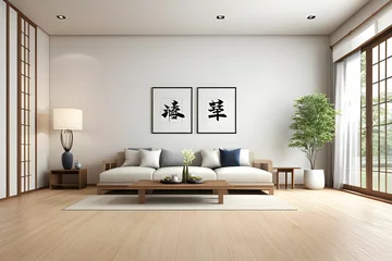 Fotobehang interior design in modern living room with wood floor and white wall that was designed in japanese style,3d illustration,3d rendering © Nyetock