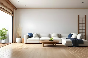  interior design in modern living room with wood floor and white wall that was designed in japanese style,3d illustration,3d rendering © Nyetock