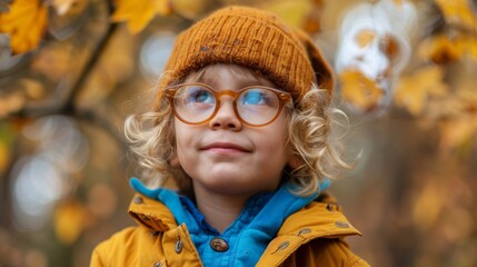 A little boy wearing a hat and glasses with leaves in the background, AI - 772236661