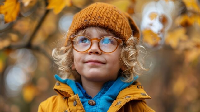 A little boy wearing a hat and glasses with leaves in the background, AI
