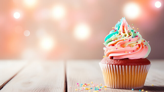 A delectable birthday cupcake with colorful frosting, placed on a wooden table against a soft, light background Ai Generative