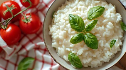 A bowl of rice with basil leaves and tomatoes on a table, AI - 772236868
