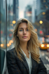 Fototapeta premium Portrait of a confident young woman in a business suit standing on a city street with blurred urban background featuring city lights.