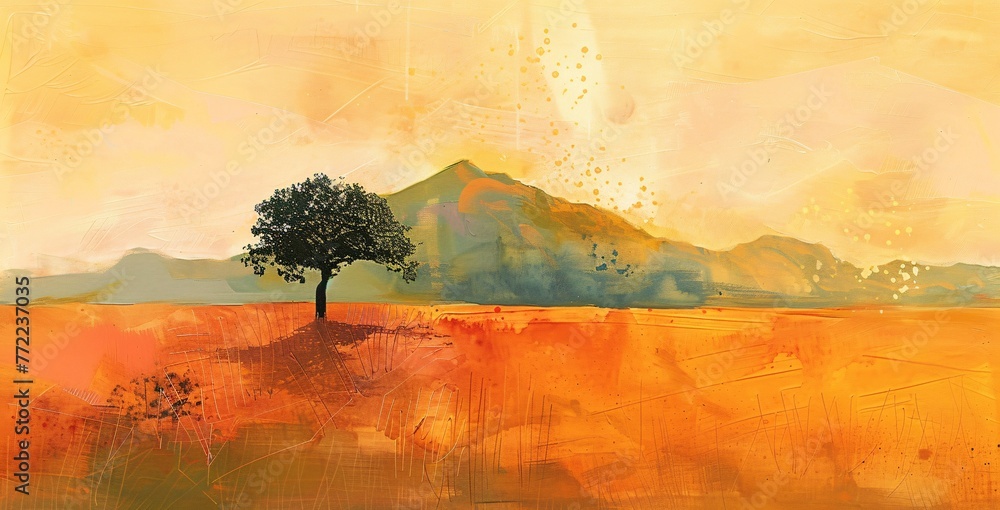 Poster sunset serenity a tree's silhouette in a field of flowers generative ai