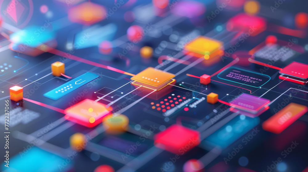 Poster document management and business workflow. a vibrant digital illustration of a futuristic circuit bo