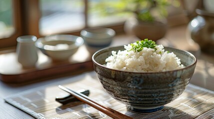 A bowl of rice and chopsticks on a table next to the window, AI - 772237028