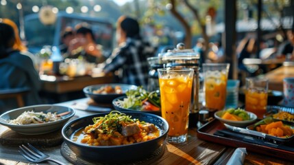 A table with a variety of food and drinks on it, AI - 772237033