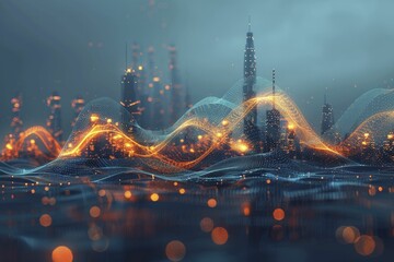 Abstract icon of a digital wave merging with an industrial skyline, on a digital transformation background, concept for the wave of industrial tech change. - obrazy, fototapety, plakaty