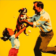 Playful Father and Daughter Catch with Cheerful Puppy in Vibrant Pop Art Painting