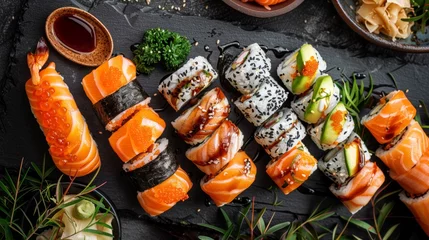 Foto auf Alu-Dibond A table with sushi and other food items on it, AI © starush