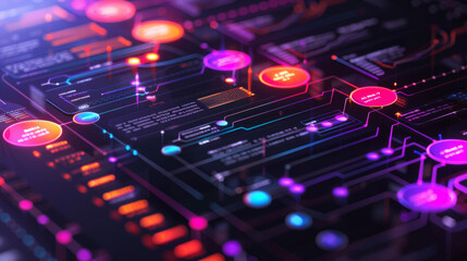 Fototapeta premium An abstract 3D illustration of a vibrant infographic digital circuit board with neon lights and futuristic tech elements, conveying a sense of advanced technology