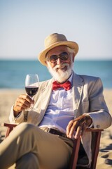 Fototapeta premium A stylish seignon man with a glass of wine sits on a chair on the sandy shore. Generative AI.