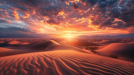 A desert scene with a sunset in the background, AI - 772237652