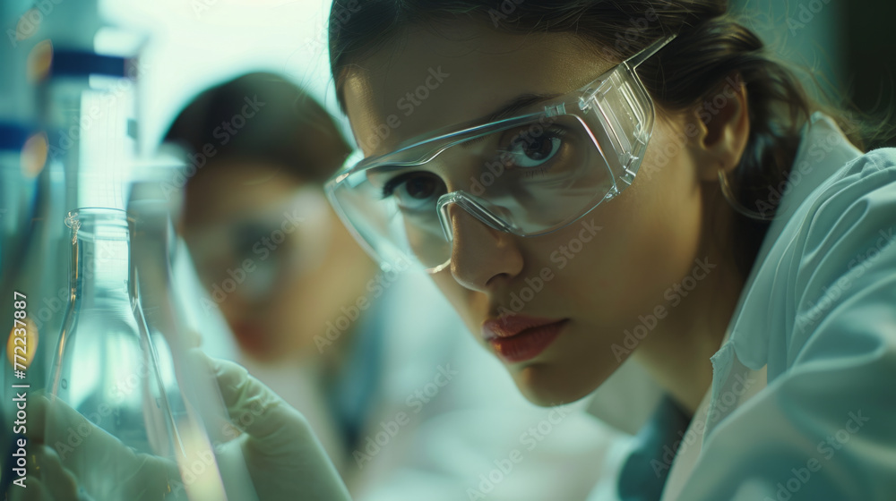 Poster close-up of a focused female scientist examining a flask with a liquid substance in a laboratory set