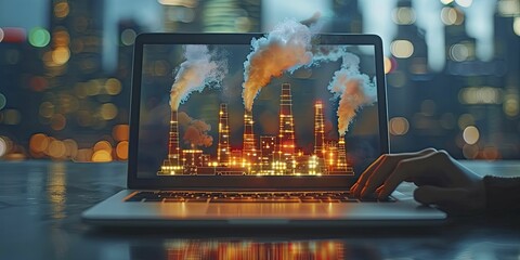 A sleek laptop featuring industrial smokestack keys against a tech backdrop, symbolizing digitalization in industry. - obrazy, fototapety, plakaty