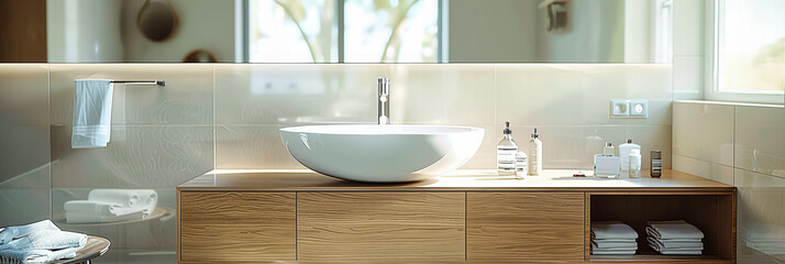 Fototapeta na wymiar Stylish Modern Bathroom with Sleek Design, Showcasing a White Sink and Contemporary Decor