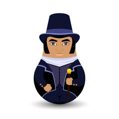 A gentleman in a tailcoat with a cane and a tall black top hat. The English aristocracy. Design tilting toy. Modern kawaii dolls for your business project