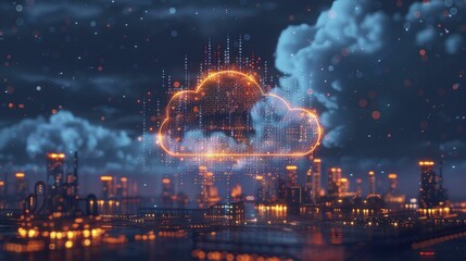 A futuristic depiction of a cloud computing symbol showering code onto industrial structures against a tech-infused backdrop, symbolizing cloud-based industry efficiency.