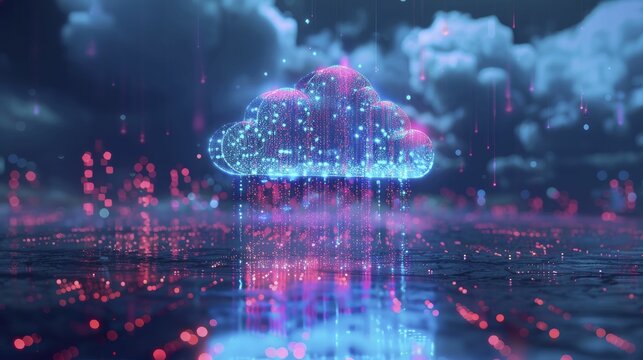 An elegant depiction of a cloud computing symbol cascading code onto factories against a sleek tech backdrop, illustrating cloud-based industry functions.