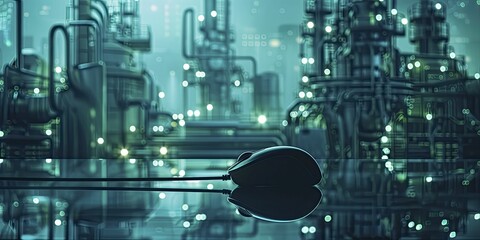 The digital integration of industrial processes symbolized by a computer mouse silhouette linked to intricate pipes on a control backdrop.