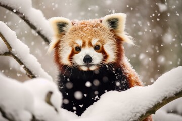 Furry Red panda winter snow. Fur resting tropical. Generate Ai