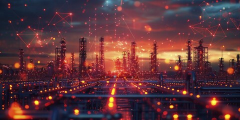 A digital network of interconnected nodes on a logistics optimization backdrop enhances industrial logistics efficiency.