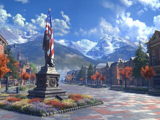 A statue of a man holding a flag stands in front of a building. The flag is red, white, and blue. The scene is set in a town square with a cobblestone street and a park in the background