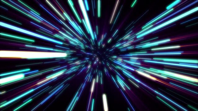 Loop background with flying through the hyperspace. Lightspeed universe tunnel made of glowing neon lines with different colors and soft light effect. Animation of travelling in space. 4k, 60 fps