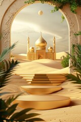 Cartolina d'auguri per l'Eid della fase del podio - tema islamico con icone della moschea e del paesaggio del deserto - Stage media Prodotto Regali o Promozioni