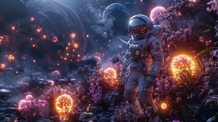 Intrepid Astronaut Exploring Wondrous Alien Landscape Teeming with Glowing Flora and Otherworldly Phenomena - obrazy, fototapety, plakaty