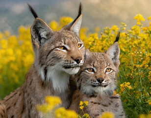 Naklejka na ściany i meble Two Eurasian Lynx ( lynx lynx) in yellow flowers