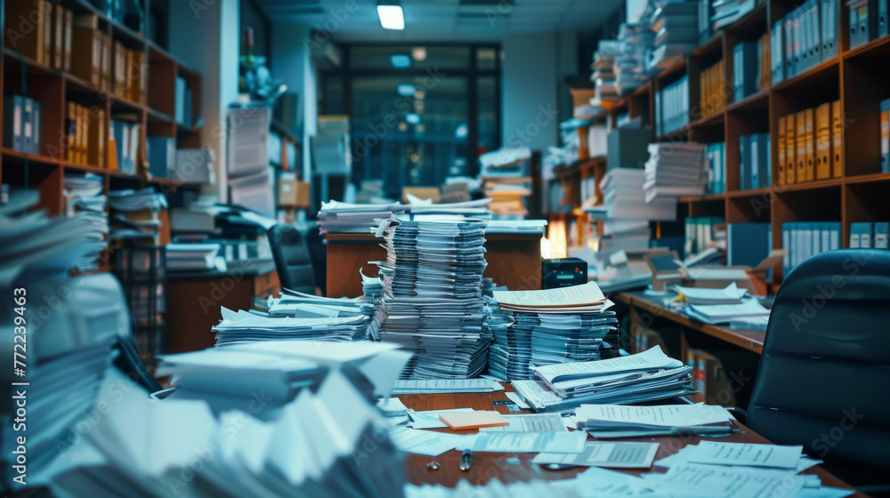 Poster document management. an office at night with stacks of paperwork piled high on a desk and surroundin